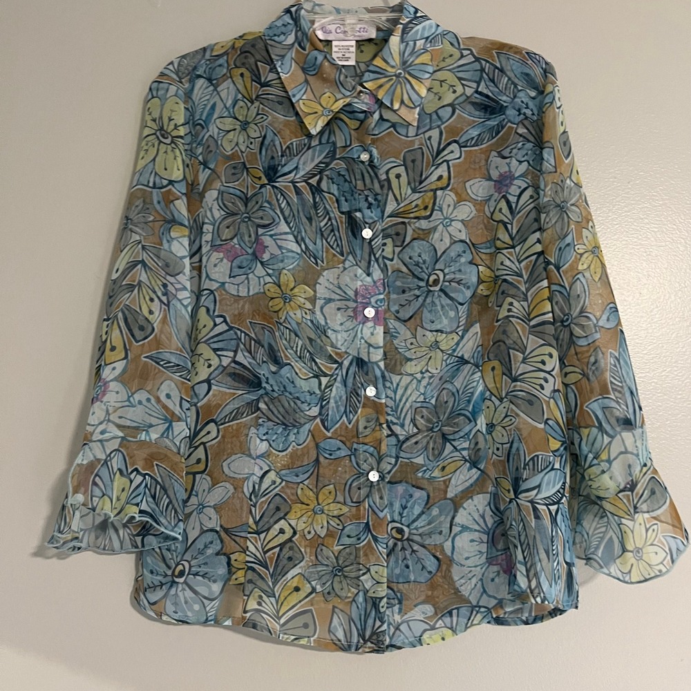 Via Condotti Floral Sheer Button Down Blouse set Blue Yellow Ruffle Cuff Medium